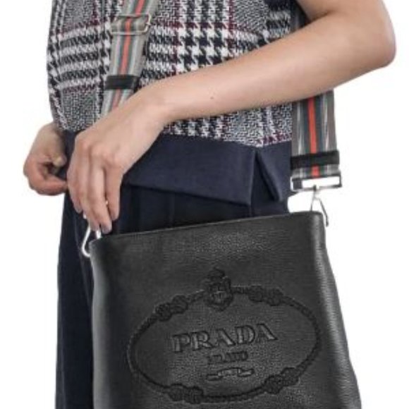 PRADA SECCHIELLO Embossed Logo Black Leather Cross Body Bag - Picture 3 of 5